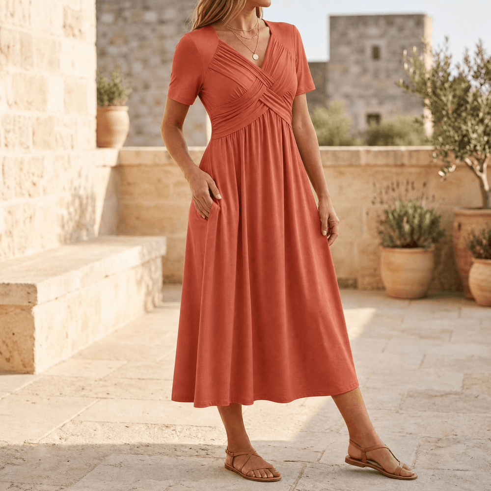 Veluna – Crossover V-Neck Midi Dress with Pockets