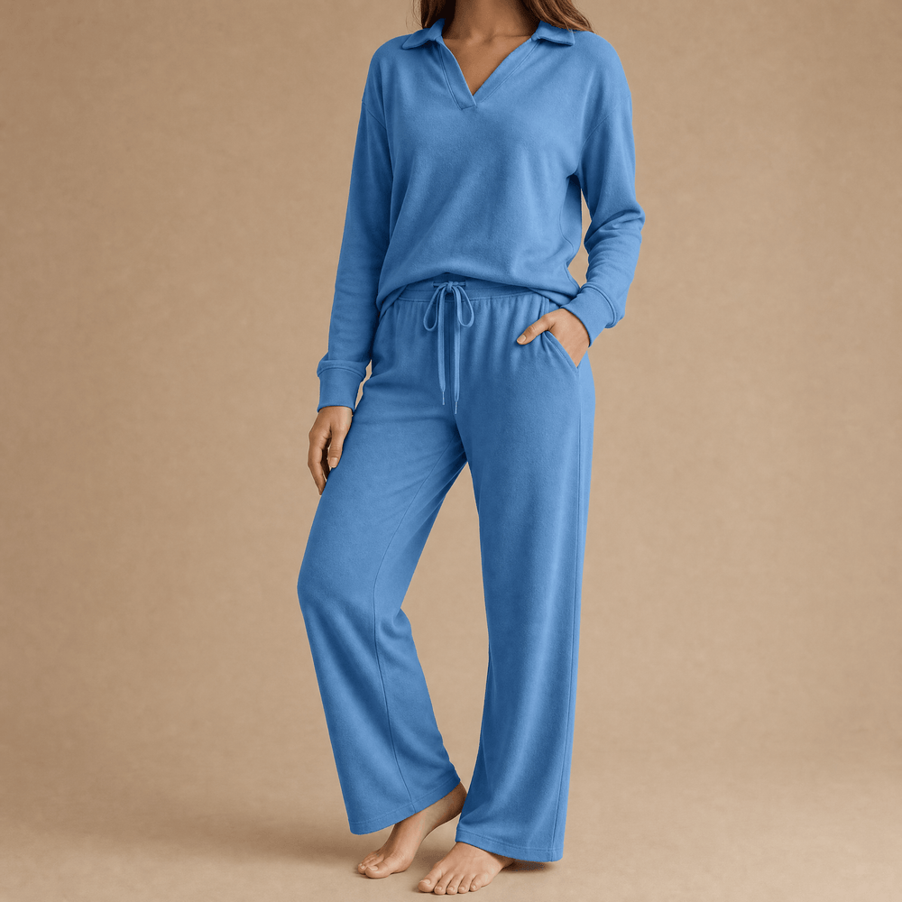 Veluna – Soft V-Neck Lounge Set with Wide Leg Pants