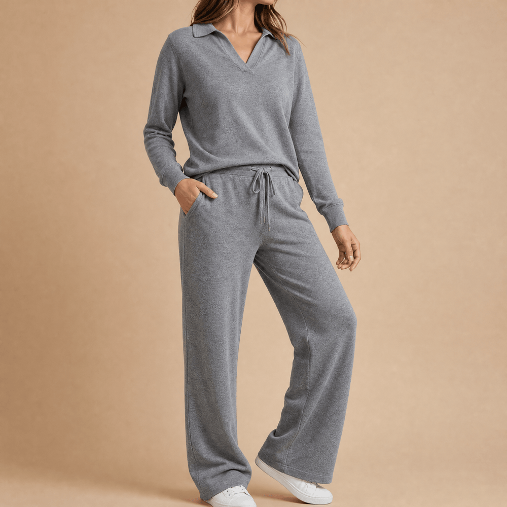 Veluna – Soft V-Neck Lounge Set with Wide Leg Pants