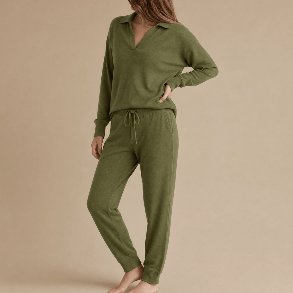 Veluna – Soft V-Neck Lounge Set with Wide Leg Pants