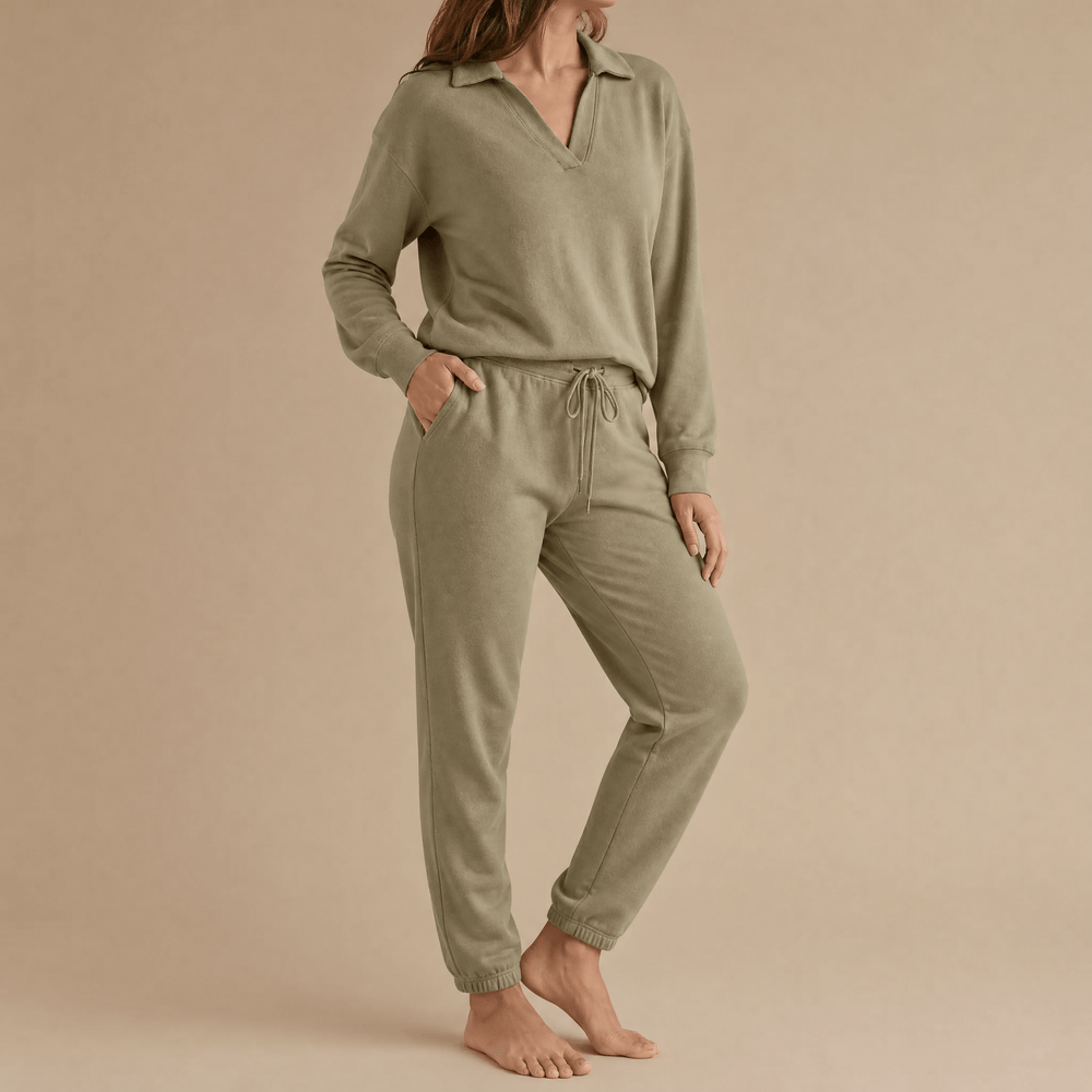 Veluna – Soft V-Neck Lounge Set with Wide Leg Pants
