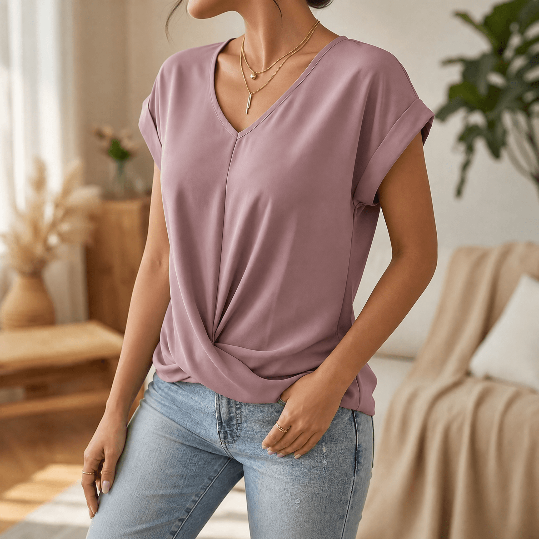 Veluna – Twist-Knot V-Neck Top for Effortless Everyday Style
