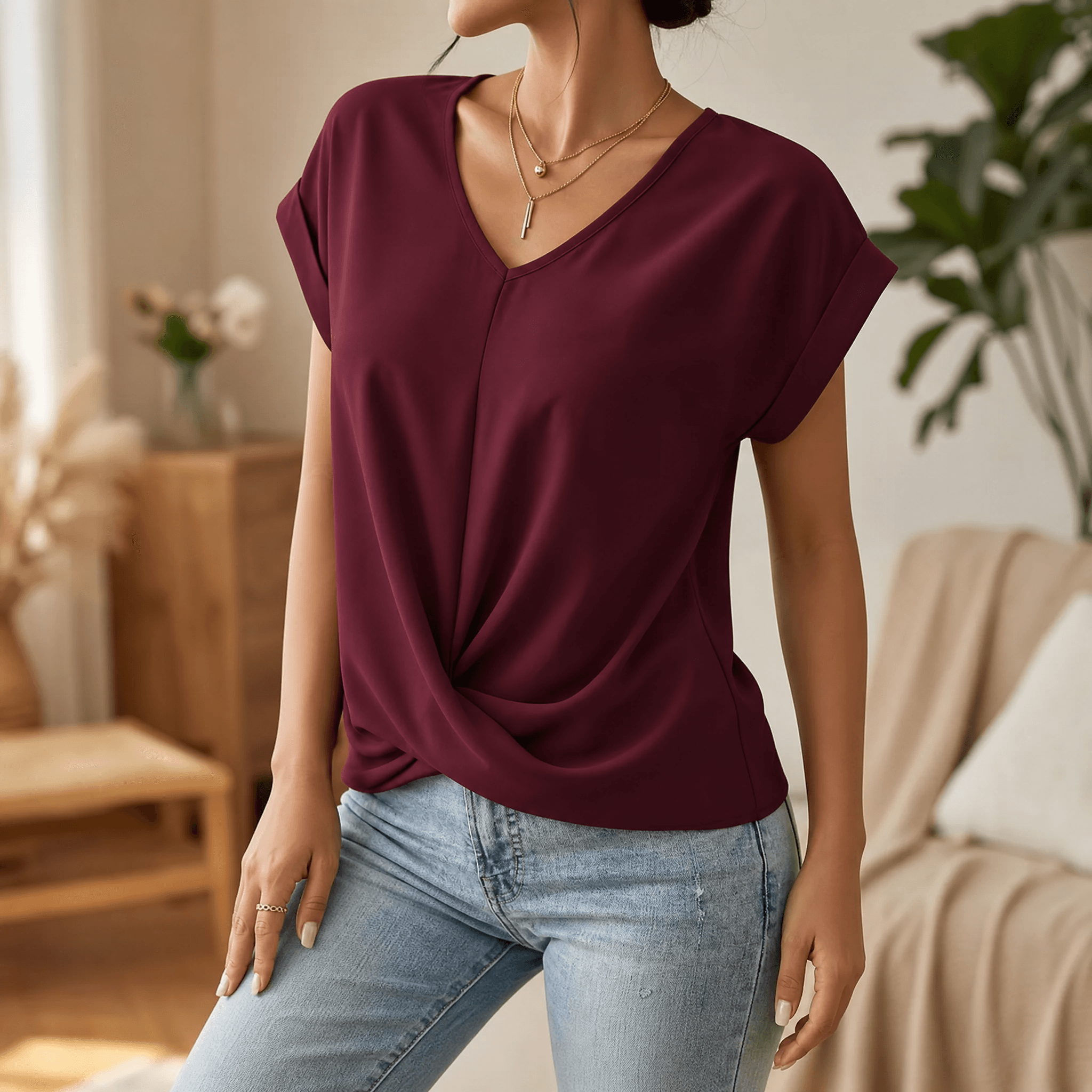 Veluna – Twist-Knot V-Neck Top for Effortless Everyday Style