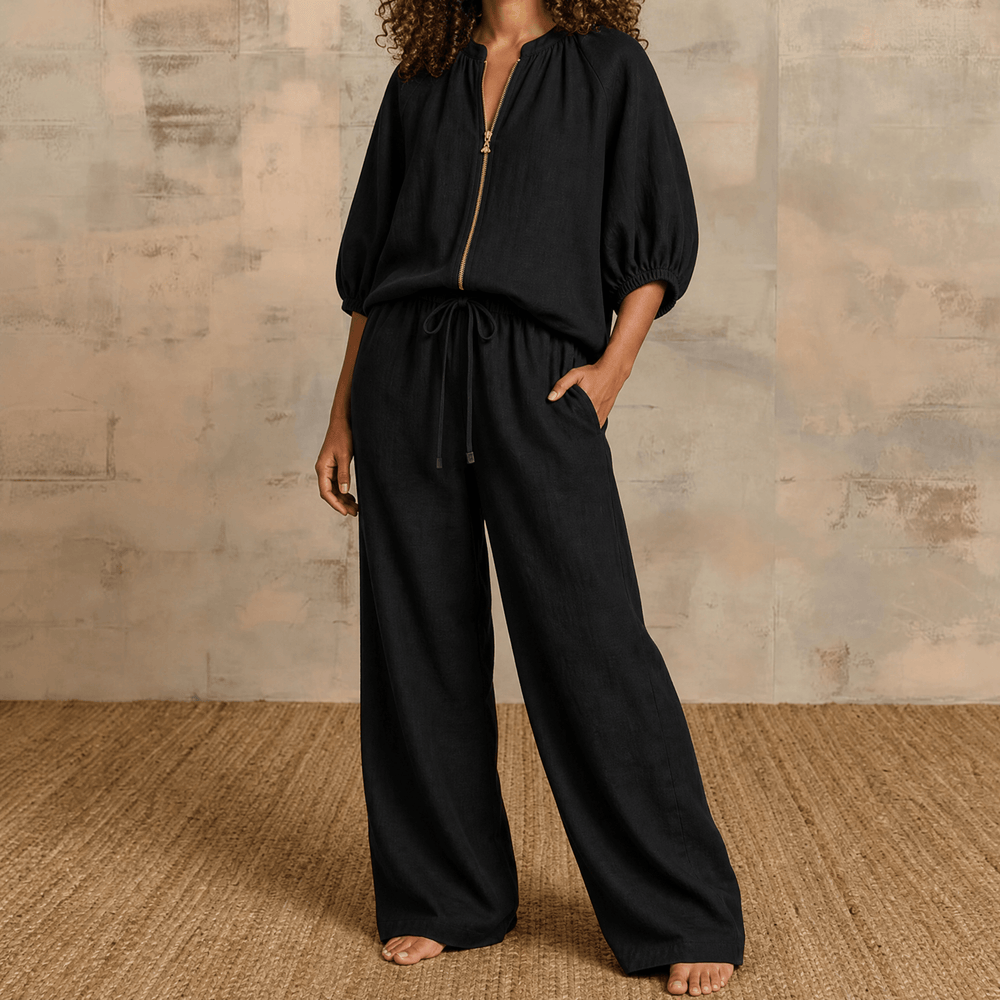 Veluna – Women's Linen Two-Piece Set with Gold Zip