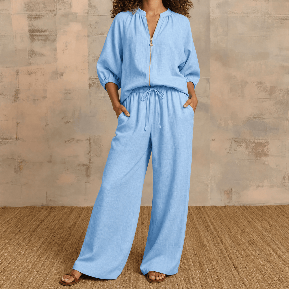 Veluna – Women's Linen Two-Piece Set with Gold Zip