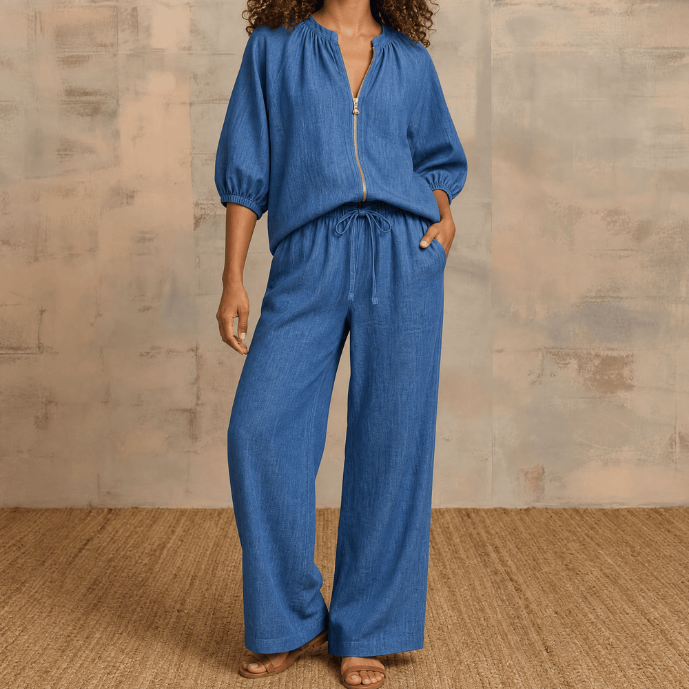 Veluna – Women's Linen Two-Piece Set with Gold Zip