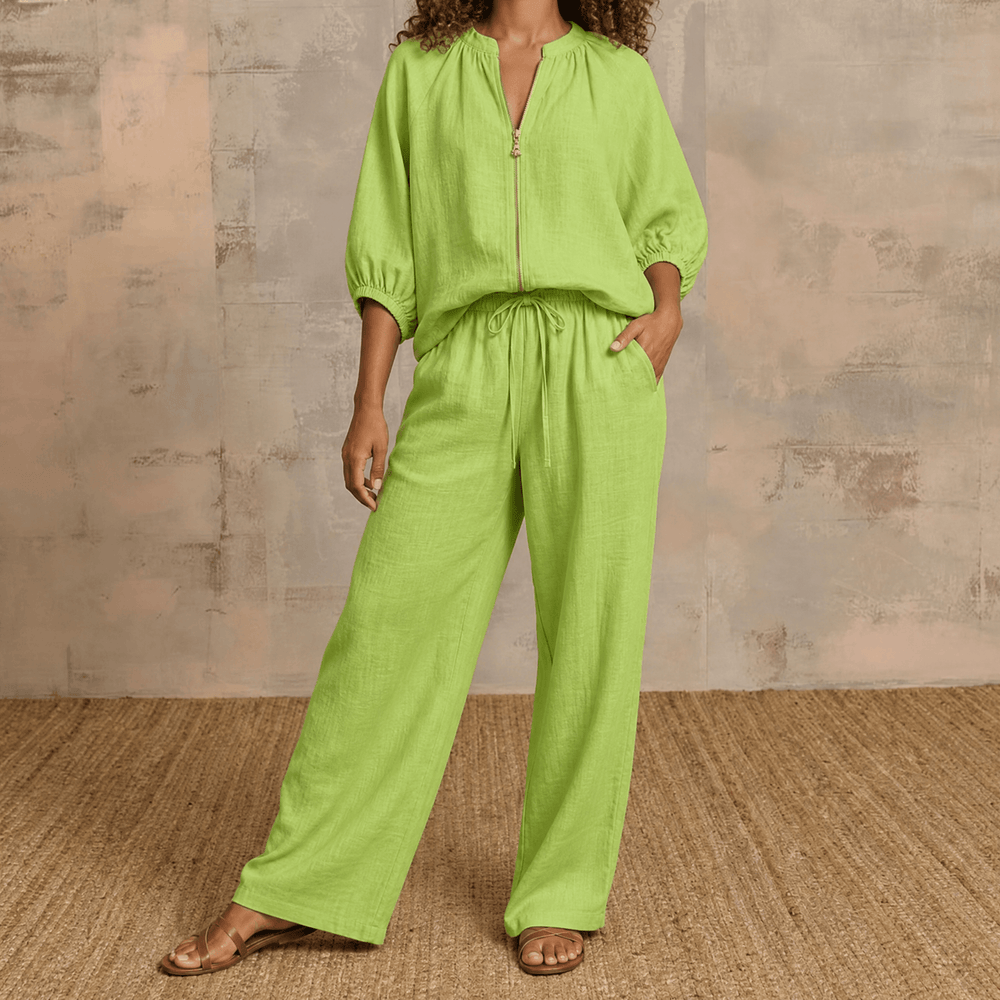Veluna – Women's Linen Two-Piece Set with Gold Zip