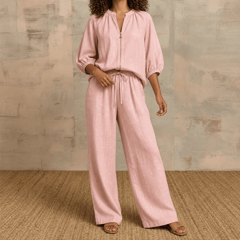 Veluna – Women's Linen Two-Piece Set with Gold Zip