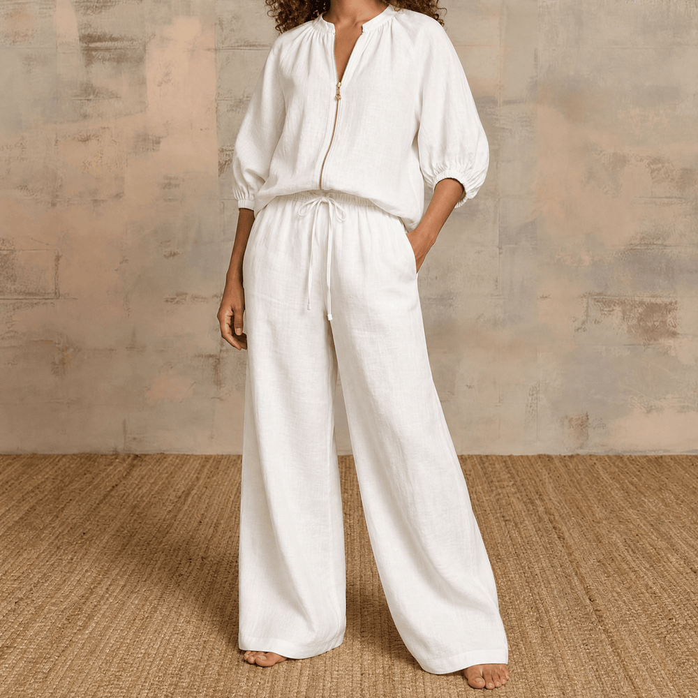 Veluna – Women's Linen Two-Piece Set with Gold Zip
