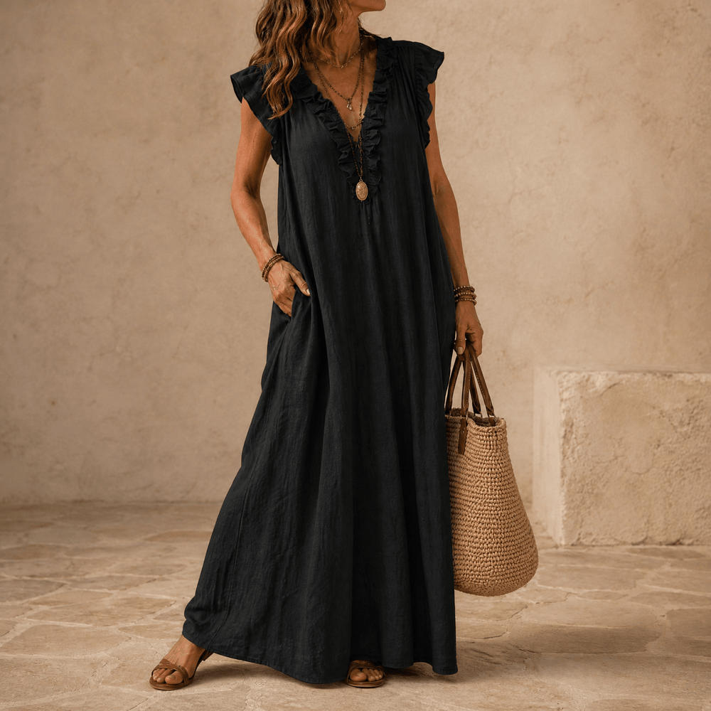 Veluna – Women's Ruffle-V Midi Dress with Pockets