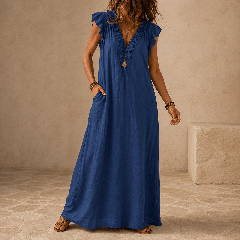 Veluna – Women's Ruffle-V Midi Dress with Pockets