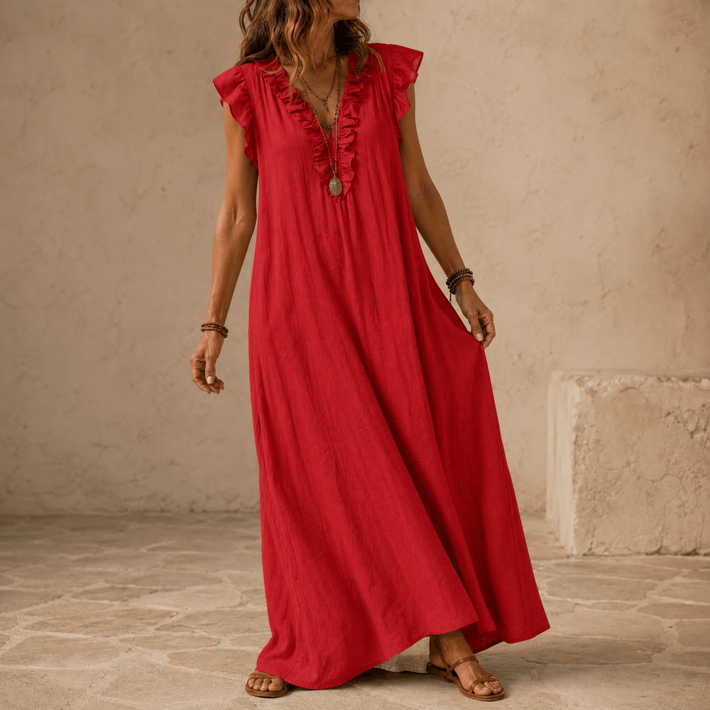 Veluna – Women's Ruffle-V Midi Dress with Pockets