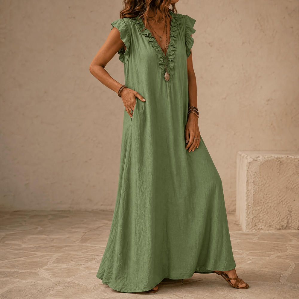 Veluna – Women's Ruffle-V Midi Dress with Pockets
