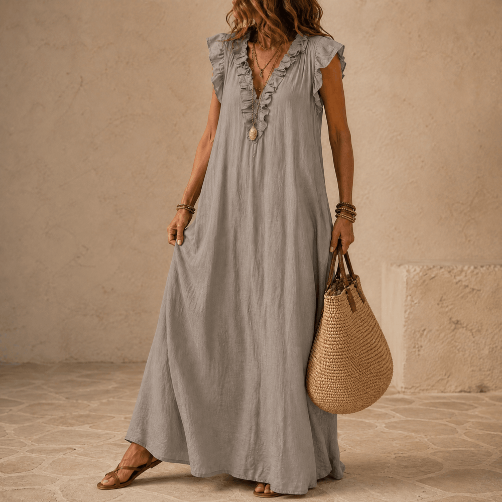 Veluna – Women's Ruffle-V Midi Dress with Pockets