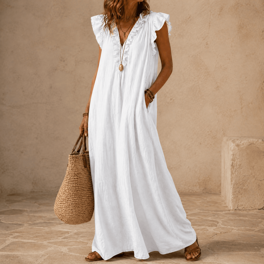 Veluna – Women's Ruffle-V Midi Dress with Pockets