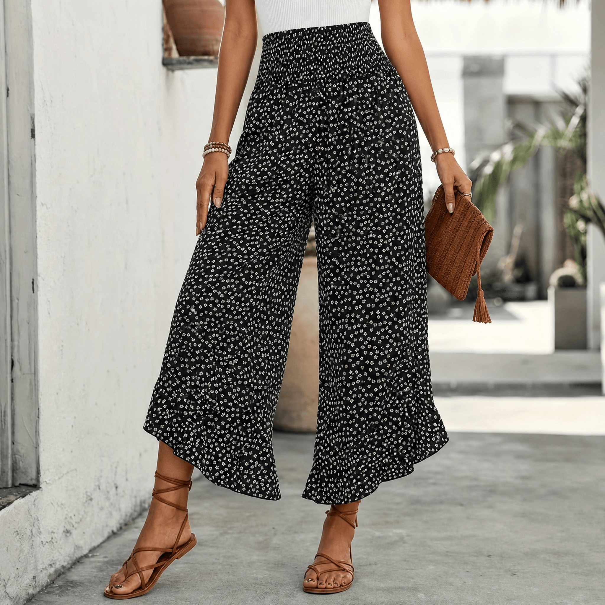 Velura – Smocked Wide-Leg Ruffle Pants