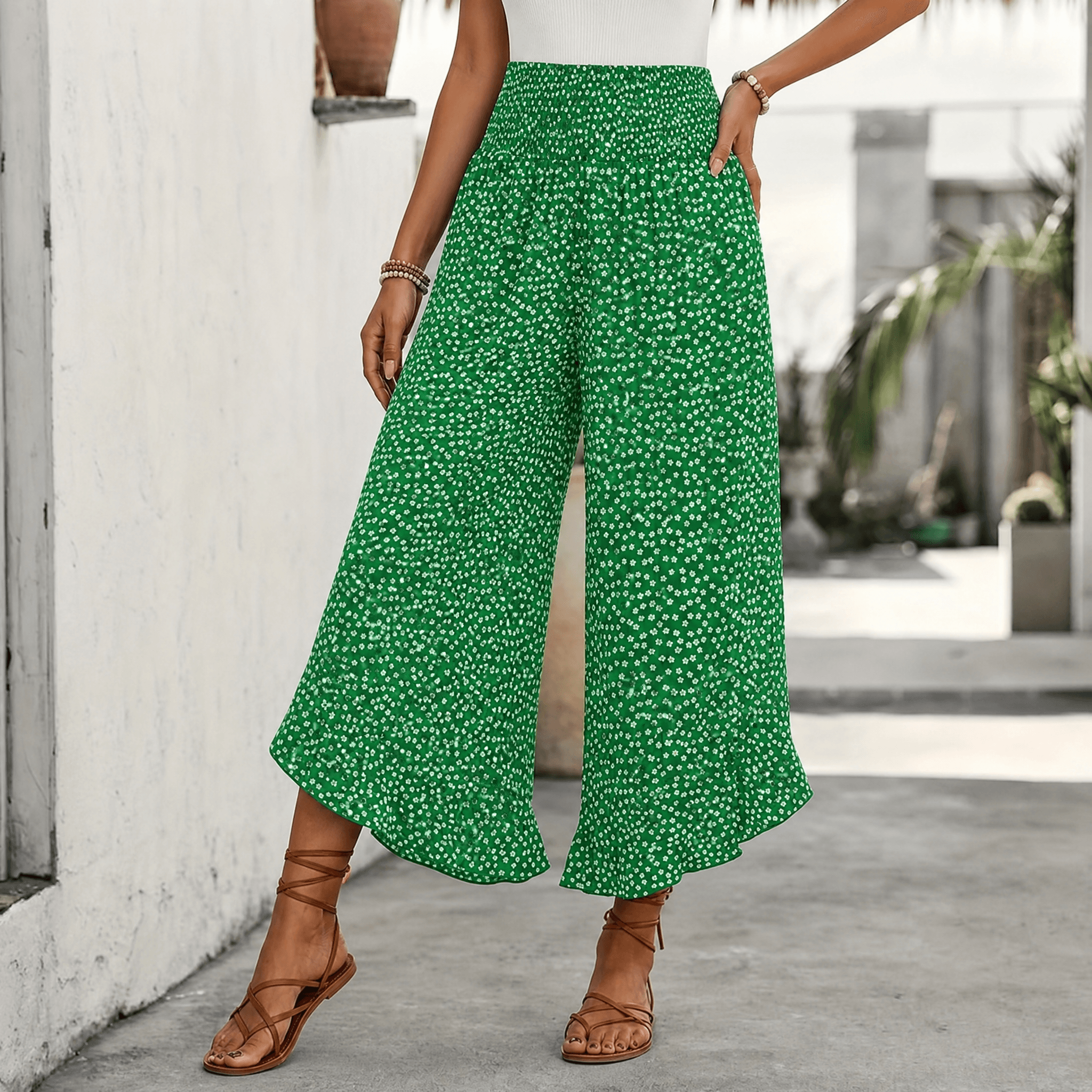 Velura – Smocked Wide-Leg Ruffle Pants