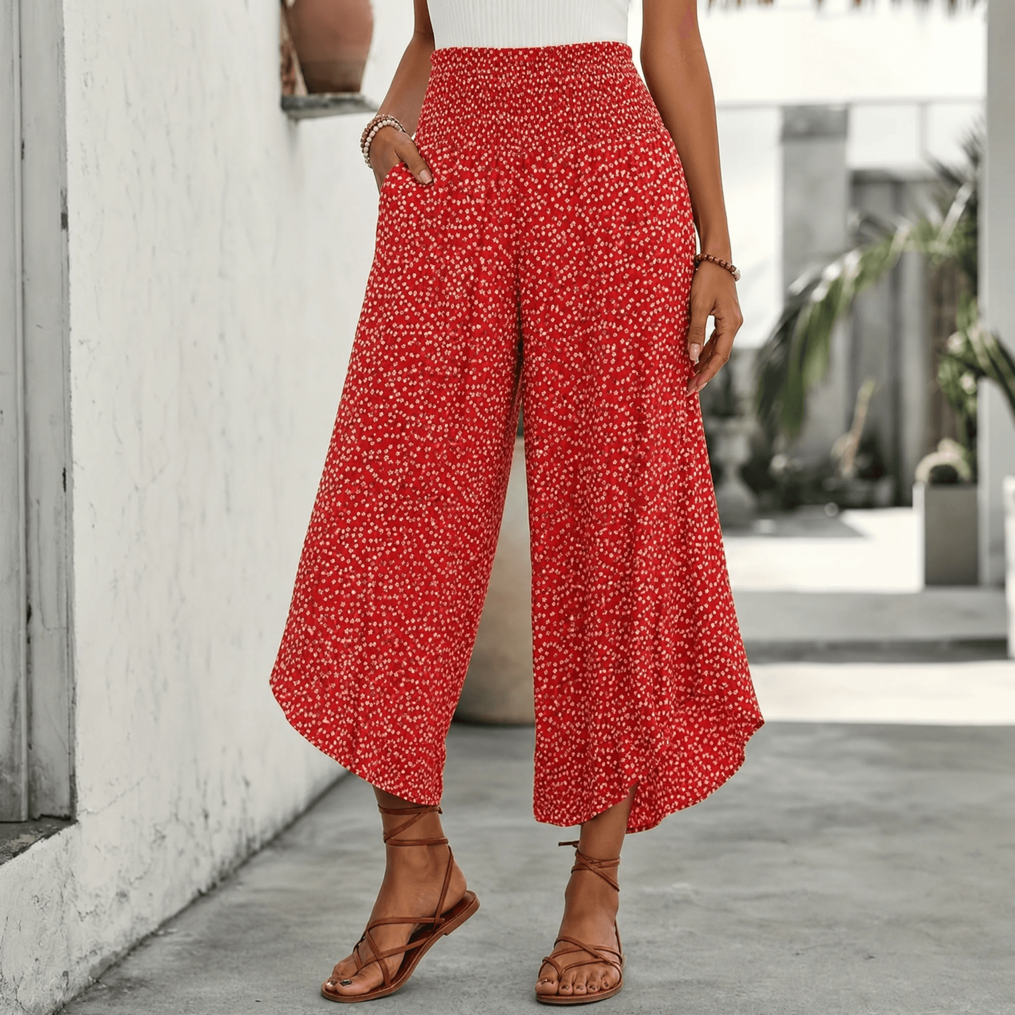 Velura – Smocked Wide-Leg Ruffle Pants