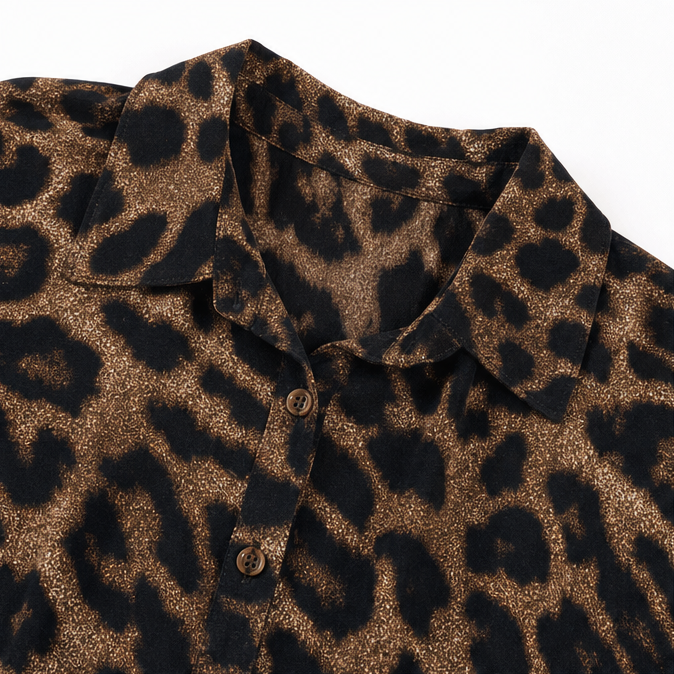 Veluxa – Leopard Print Cinched Waist Maxi Shirt Dress with Pockets