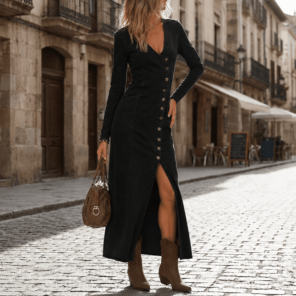 Vivara - Asymmetric Button Slit Maxi Dress