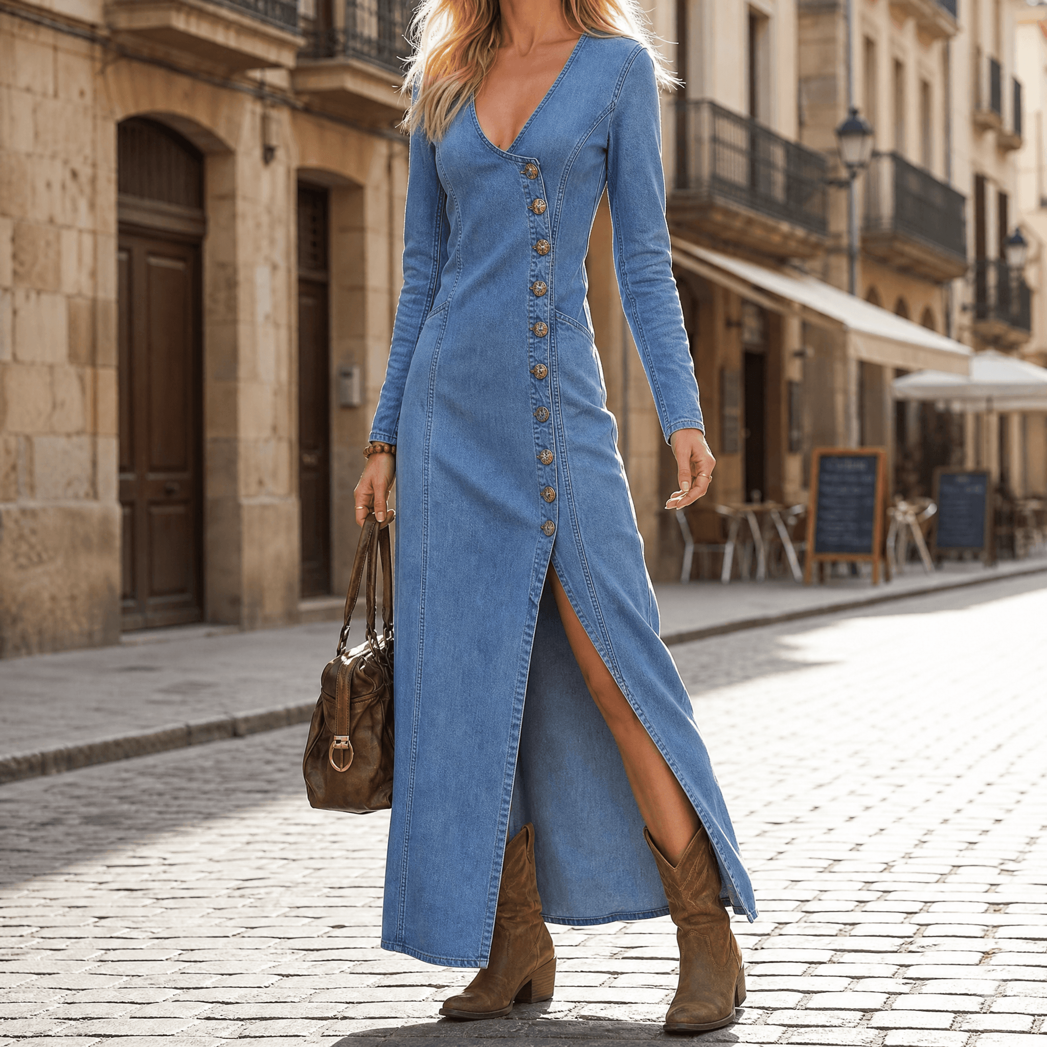 Vivara - Asymmetric Button Slit Maxi Dress