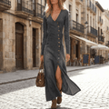 Vivara - Asymmetric Button Slit Maxi Dress