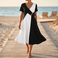 Vivara - Diagonal Patchwork V-Neck Midi Dress