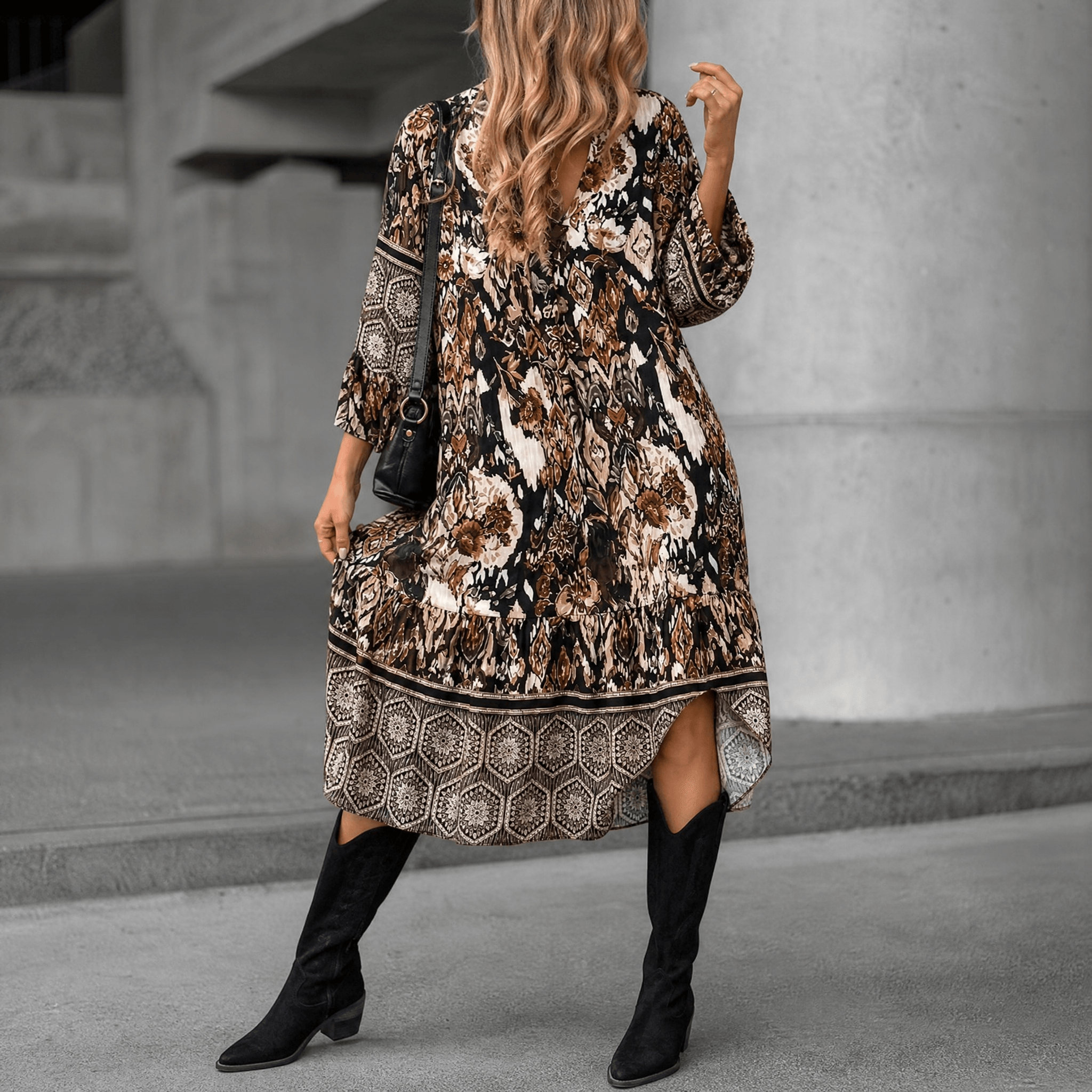 Vivara - Elegant V-Neck Printed Dress