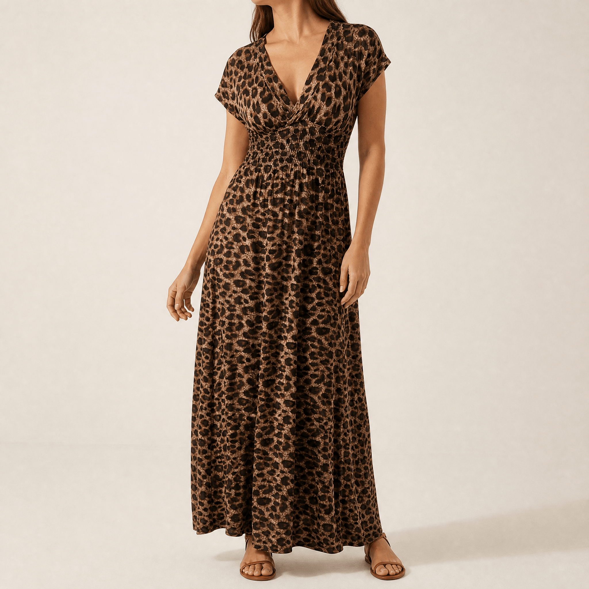 Vivara – Ruched Waist Leopard Maxi Dress