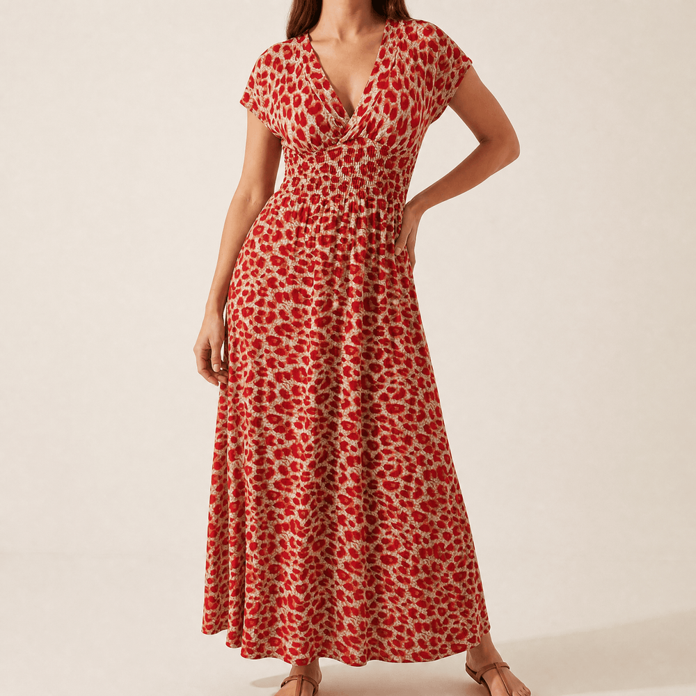 Vivara – Ruched Waist Leopard Maxi Dress