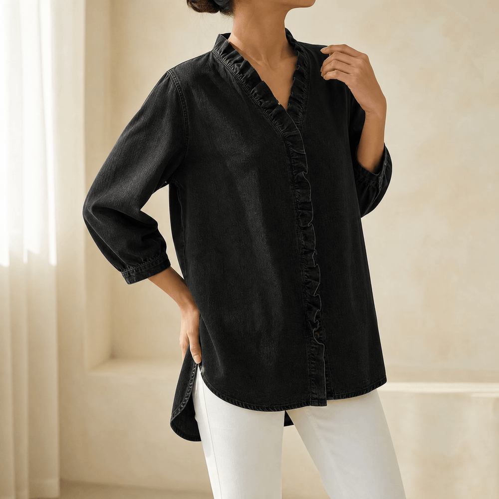 Vivara – Soft Ruffle V Neck Denim Blouse