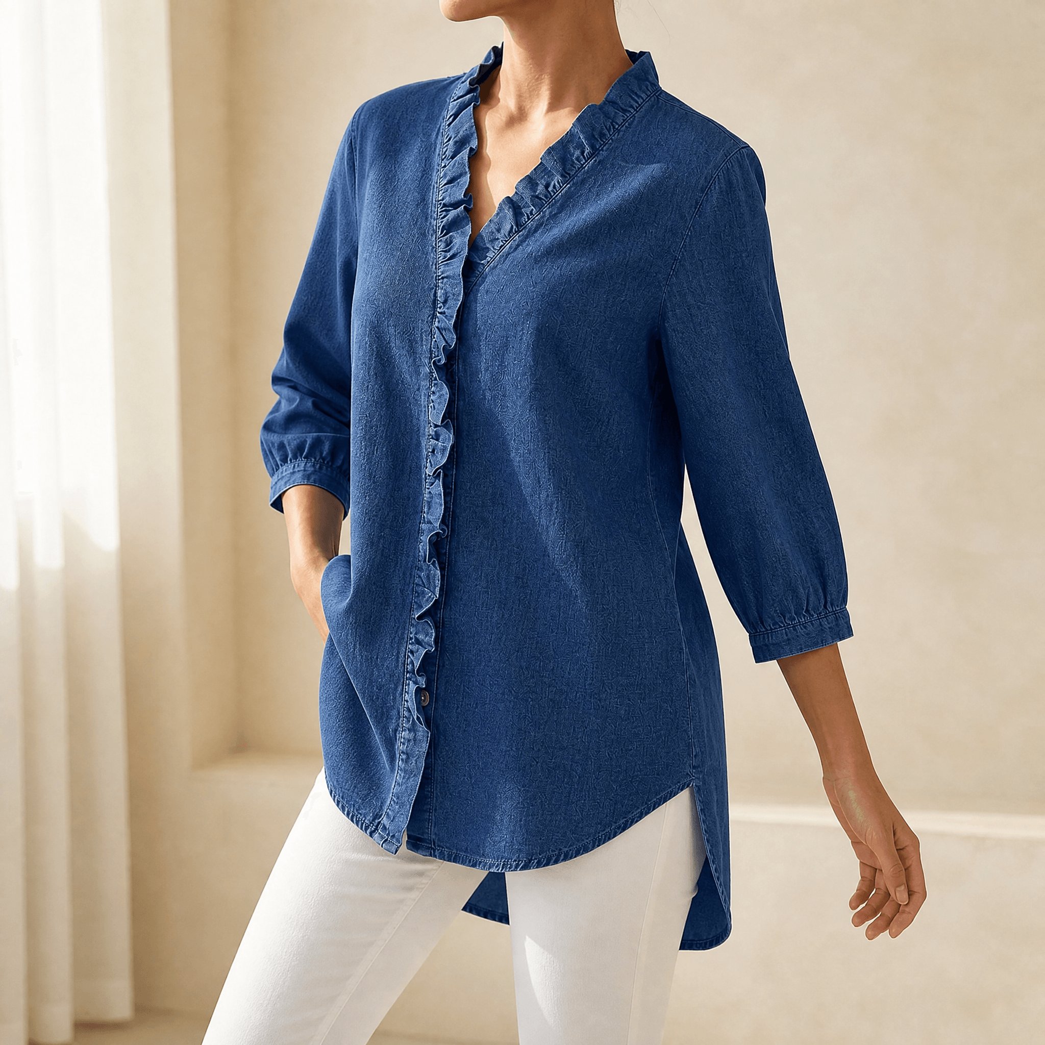 Vivara – Soft Ruffle V Neck Denim Blouse