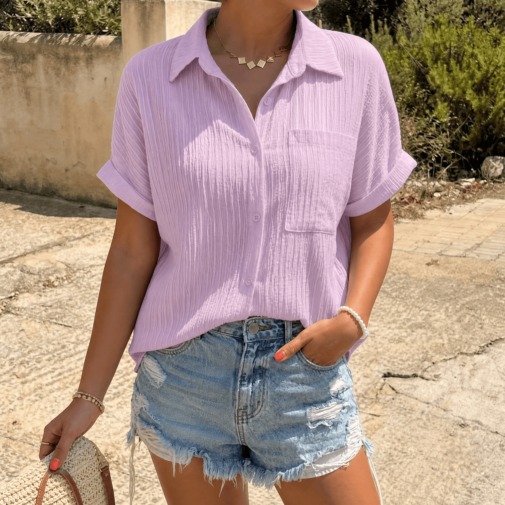 Vivara – Textured Crinkle Button Down Blouse for Women