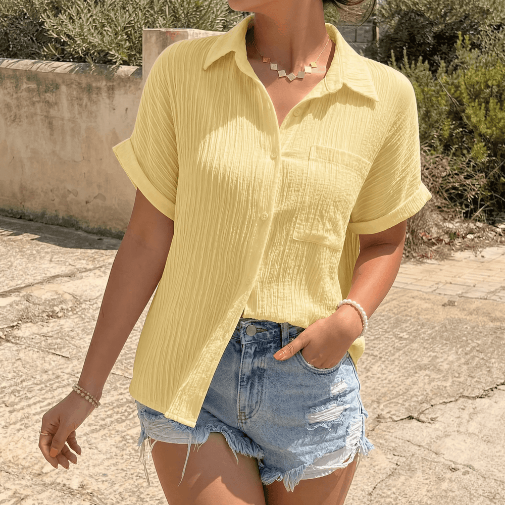Vivara – Textured Crinkle Button Down Blouse for Women