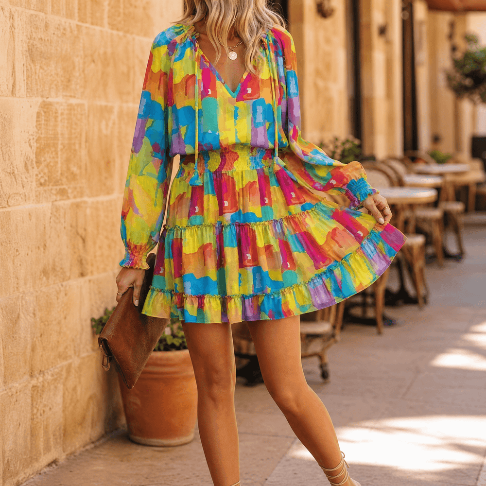 Vivara – V-Neck Ruffle Mini Dress with Lantern Sleeves