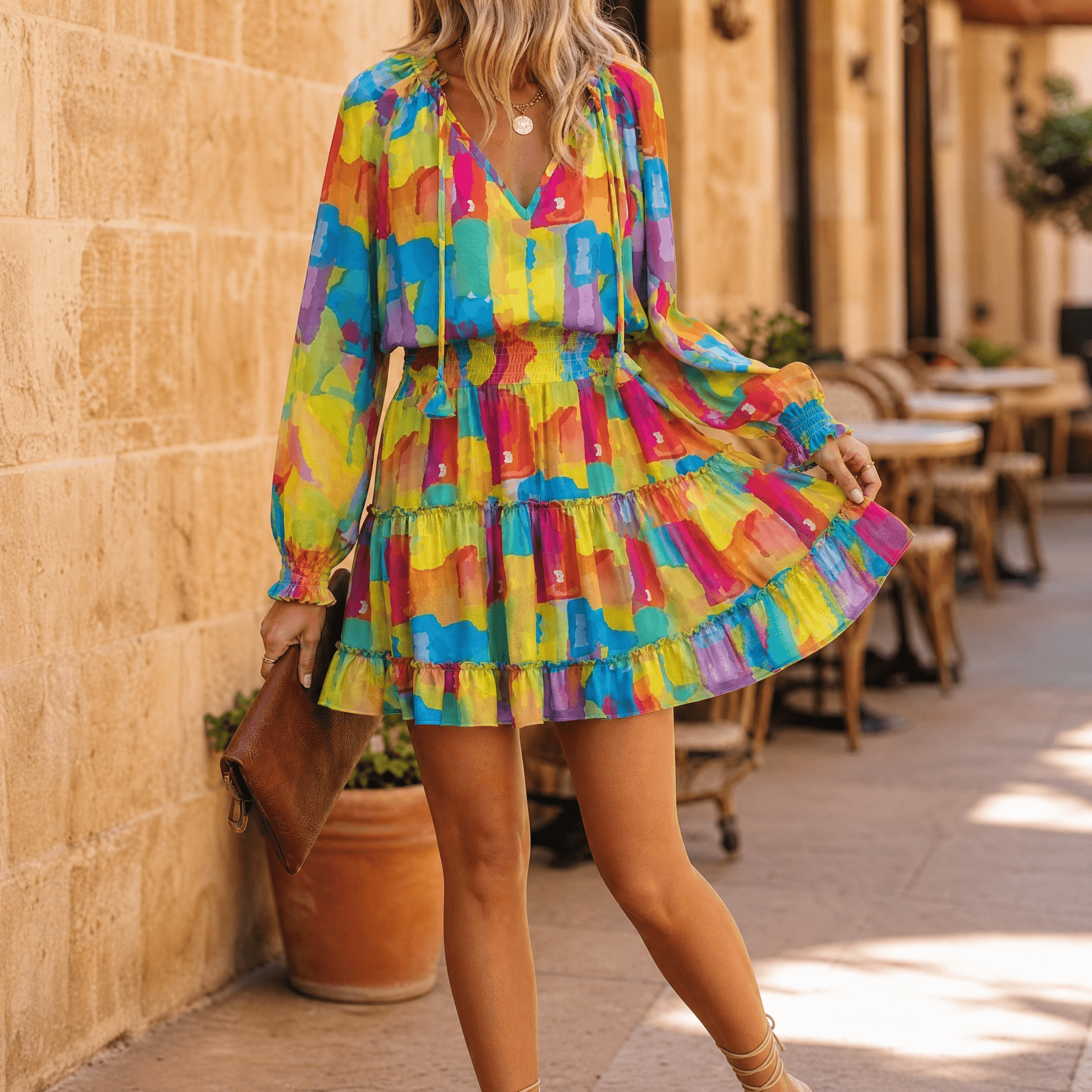Vivara – V-Neck Ruffle Mini Dress with Lantern Sleeves