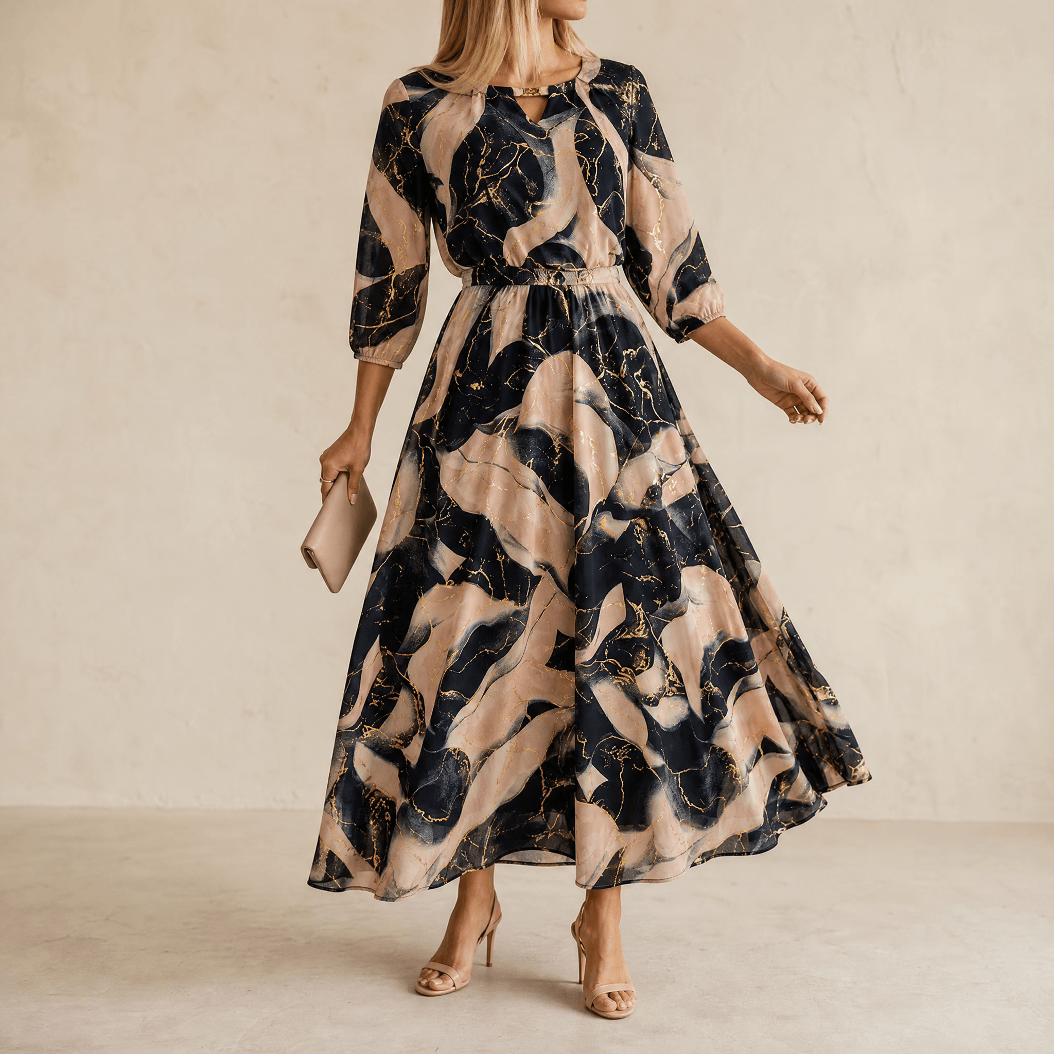 Vivara – Women's Marble Gold Chiffon Maxi Dress