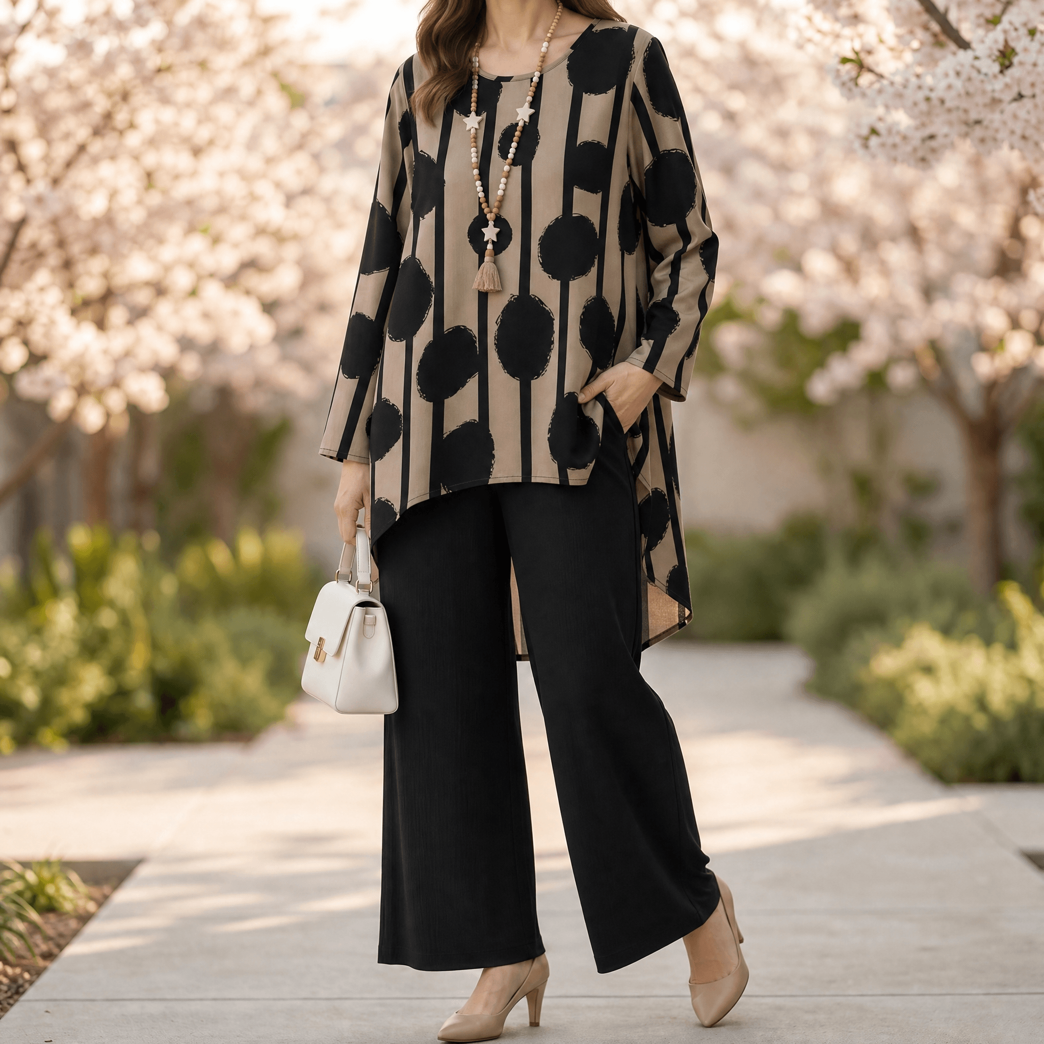 Vivelyn – Women's Bold Print High-Low Tunic & Wide-Leg Pants Set