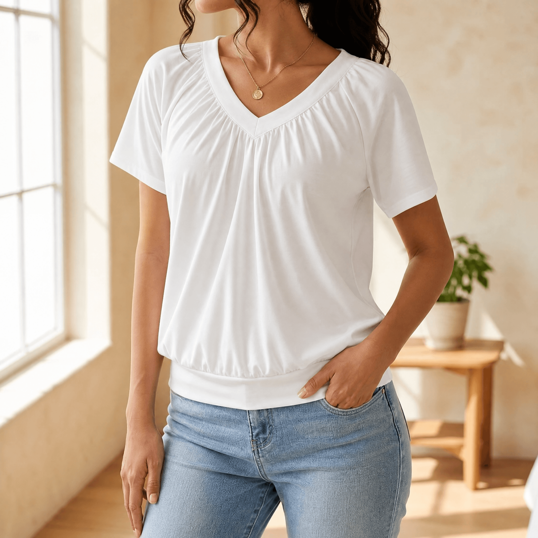 Vivelyn – Women's pleated V-neck blouson top