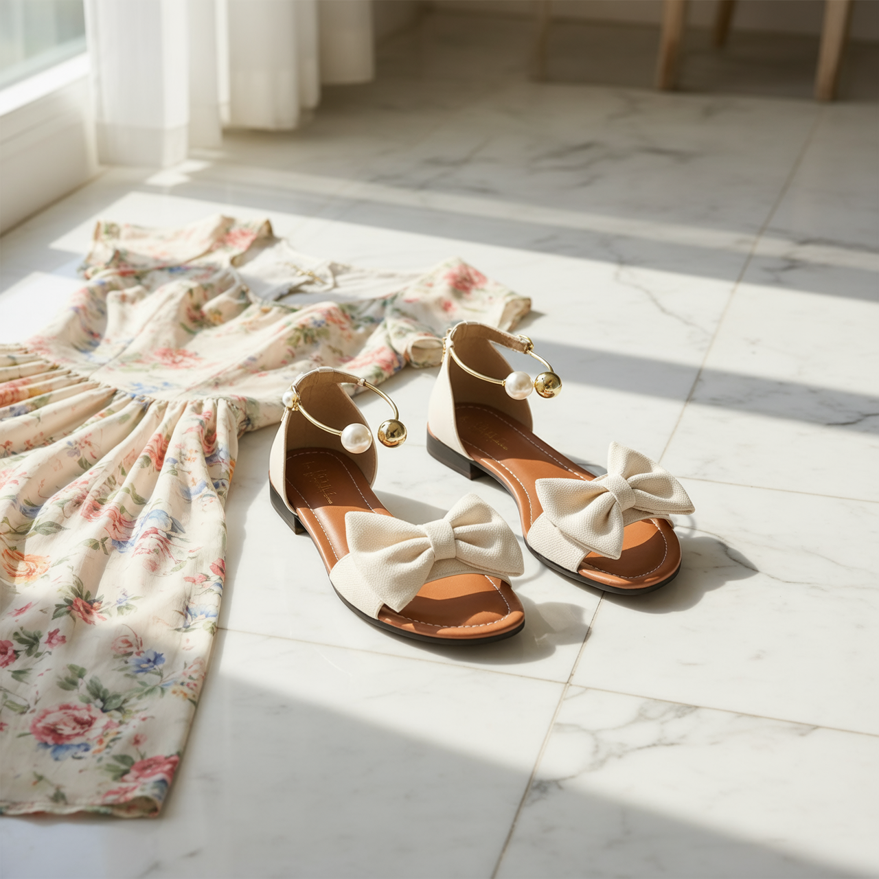 Lunabow – Bow Flat Sandals with Pearl Ankle Cuff