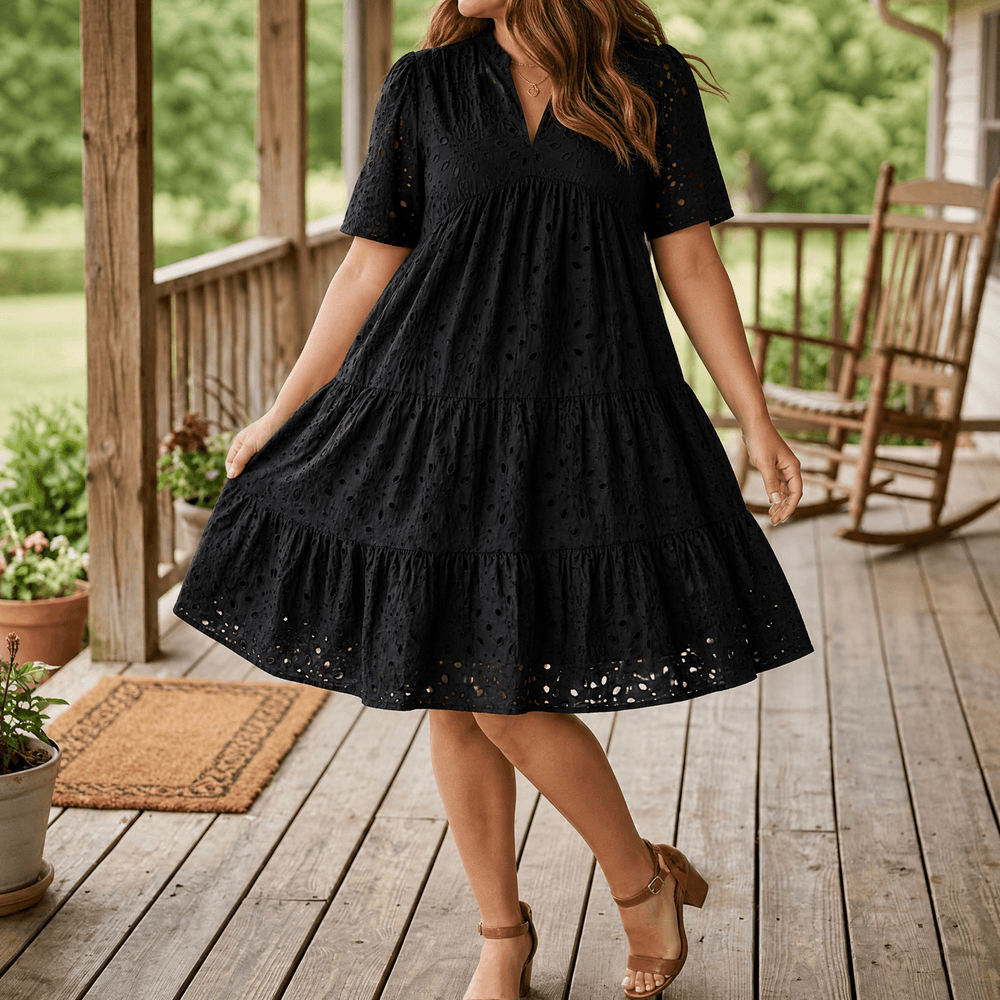 Wearbella – Flowy V-Neck Eyelet Dress for Curvy Fit