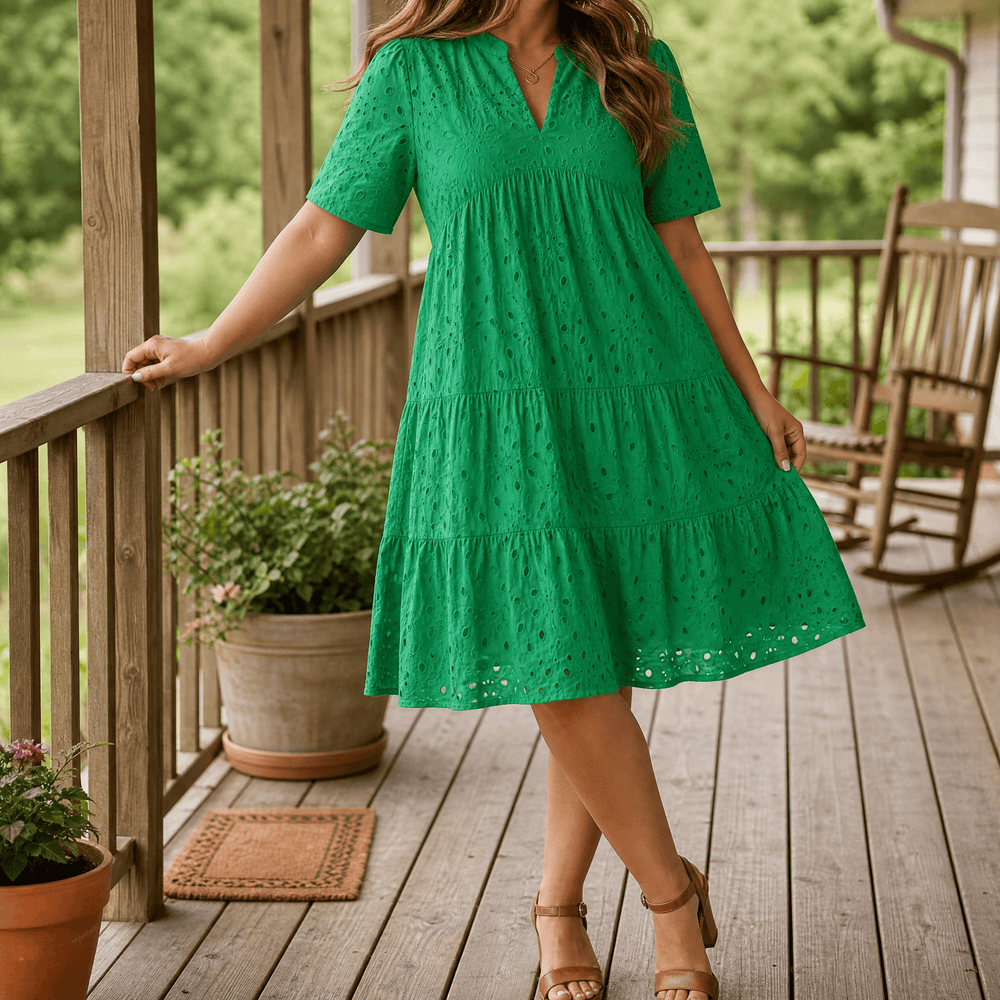 Wearbella – Flowy V-Neck Eyelet Dress for Curvy Fit