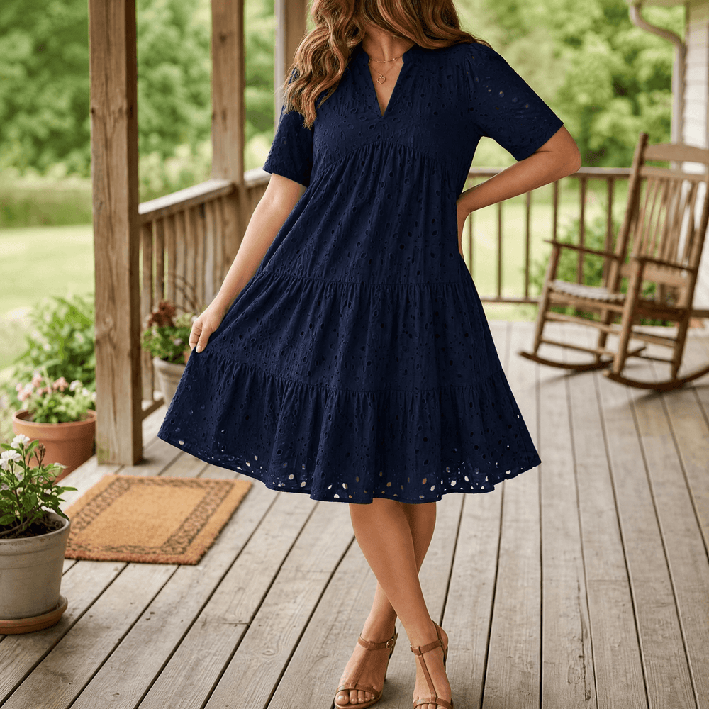 Wearbella – Flowy V-Neck Eyelet Dress for Curvy Fit