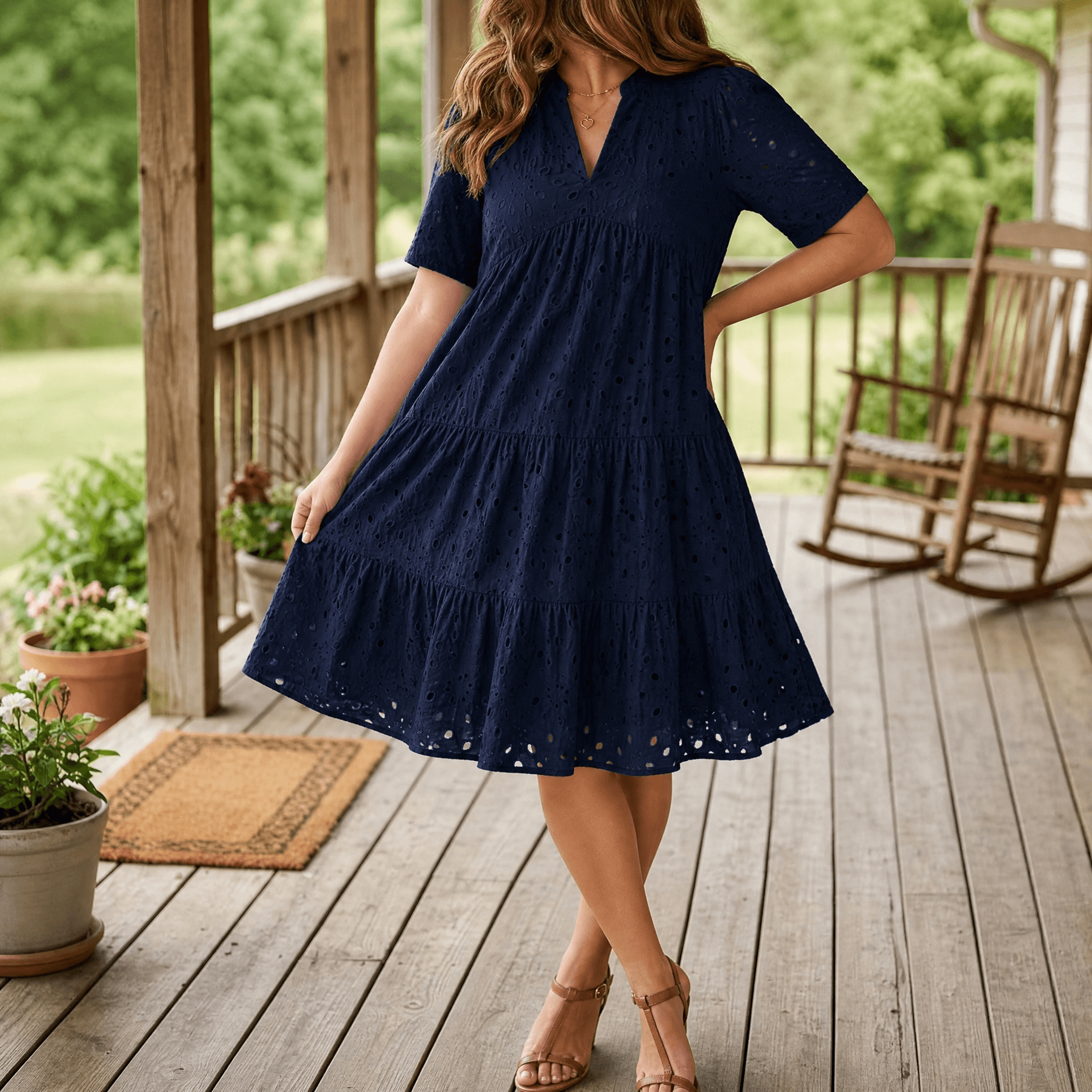 Wearbella – Flowy V-Neck Eyelet Dress for Curvy Fit