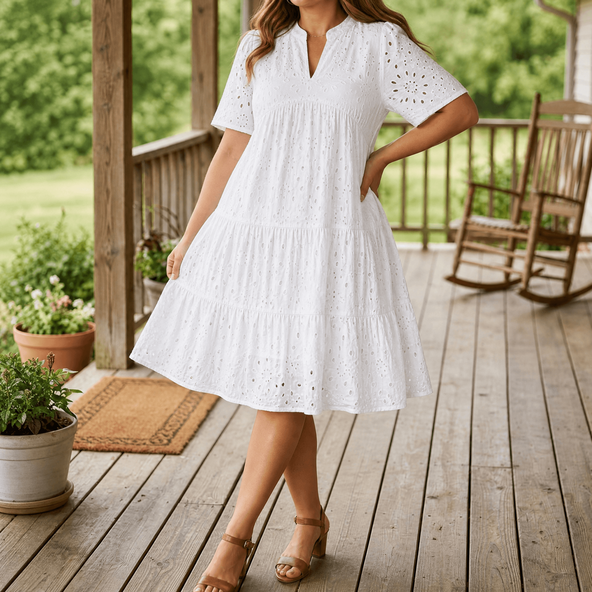 Wearbella – Flowy V-Neck Eyelet Dress for Curvy Fit