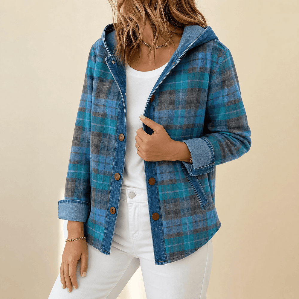 Weslyn – Women’s Contrast Denim Plaid Hooded Jacket