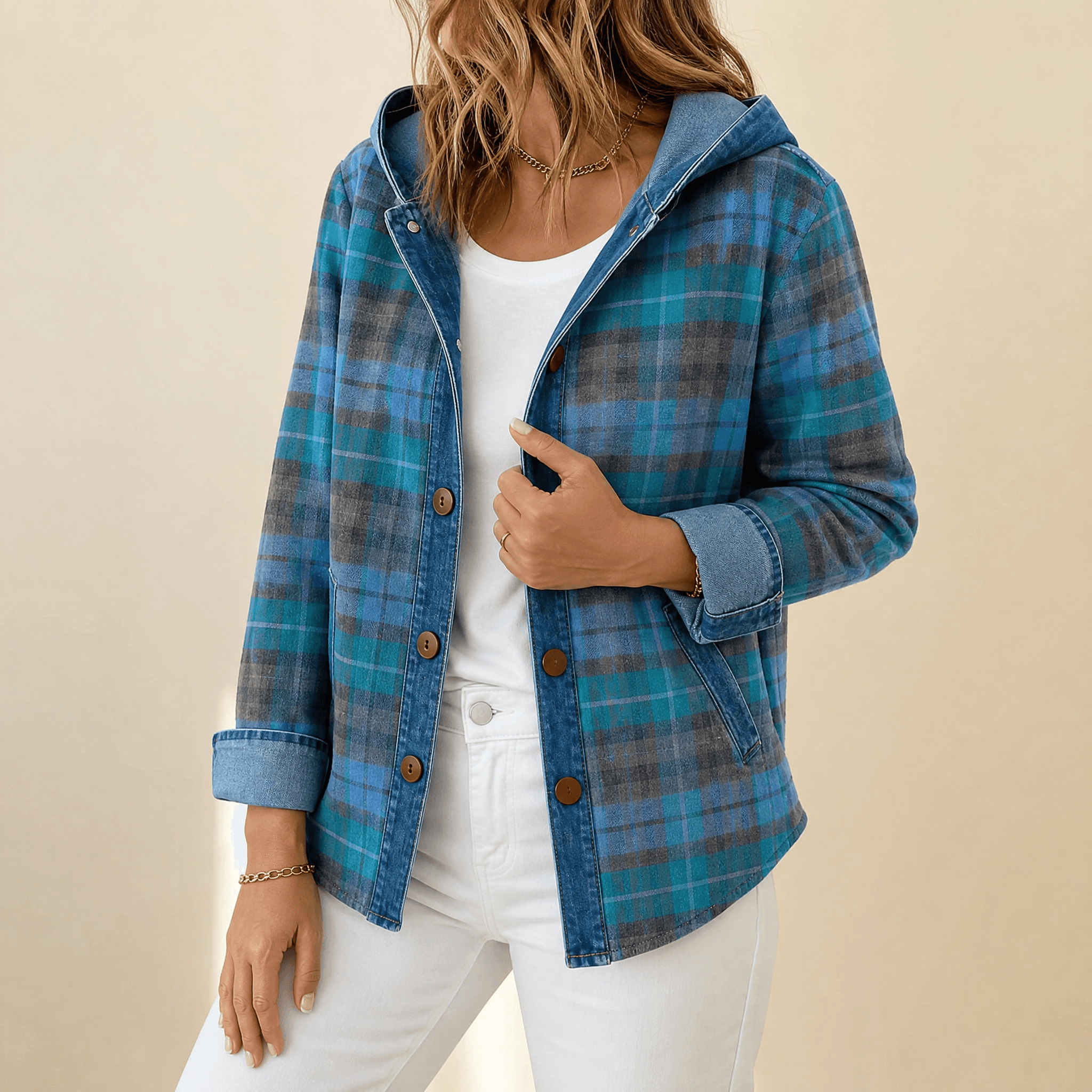 Weslyn – Women’s Contrast Denim Plaid Hooded Jacket