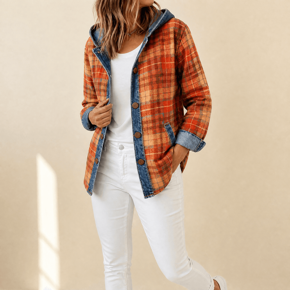 Weslyn – Women’s Contrast Denim Plaid Hooded Jacket