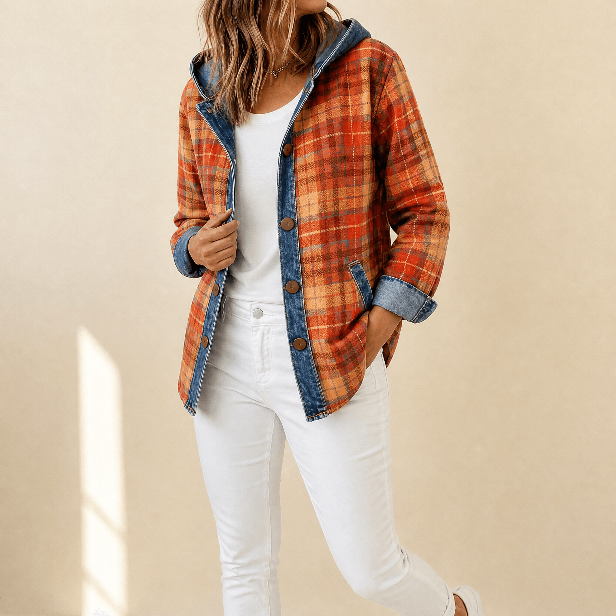 Weslyn – Women’s Contrast Denim Plaid Hooded Jacket
