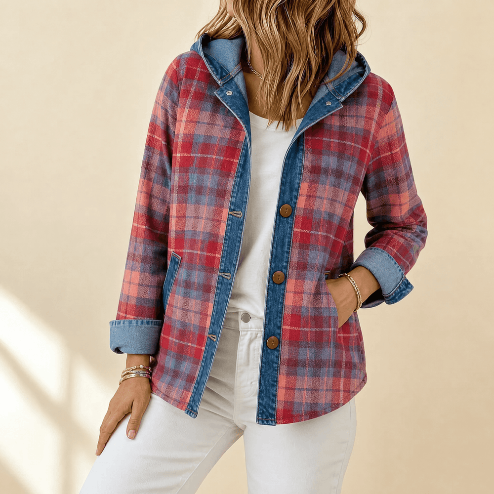 Weslyn – Women’s Contrast Denim Plaid Hooded Jacket